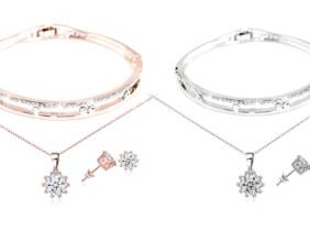 Cupón descuento oferta Conjunto de pulsera collar y pendientes con cristales de Swarovski®: 1 / Rosa dorado