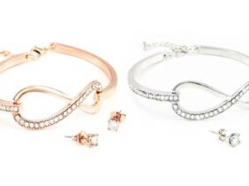 Cupón descuento oferta Conjunto de pulsera y pendientes Infinity con cristales de Swarovski®: 2 / Rosa dorado y plateado