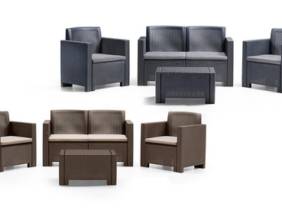 Cupón descuento oferta Conjunto de jardín Alabama: sofá mesa de centro y sillas con cojines: Marrón