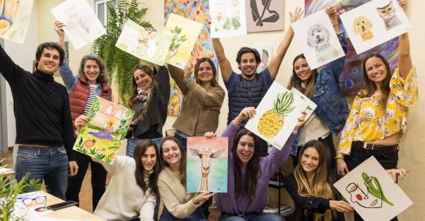 Barcelona Experiencia ""arte y vino"" para 1 o 2 personas con acuarelas y bebida